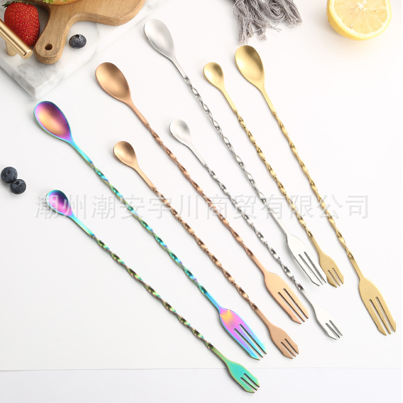Cross-border 304 stainless steel bar spoon cocktail mixing spoon bar long handle mixing spoon milk tea mixing spoon wholesale