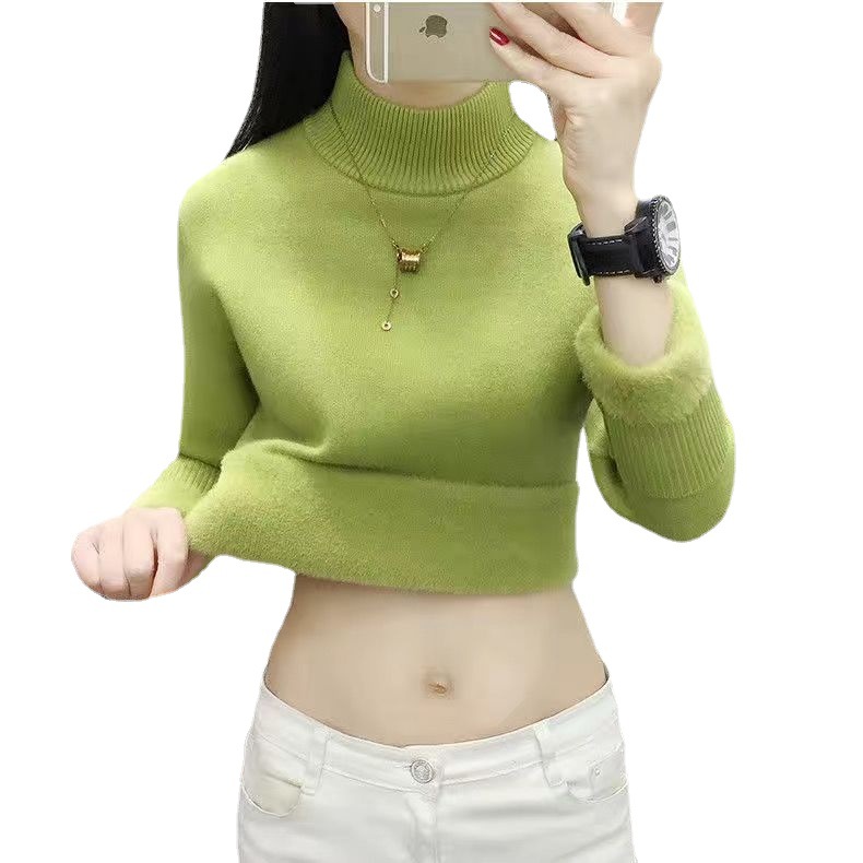 One-piece velvet sweater women's thick 2023 new fleece-lined high collar pullover with solid color base sweater wholesale