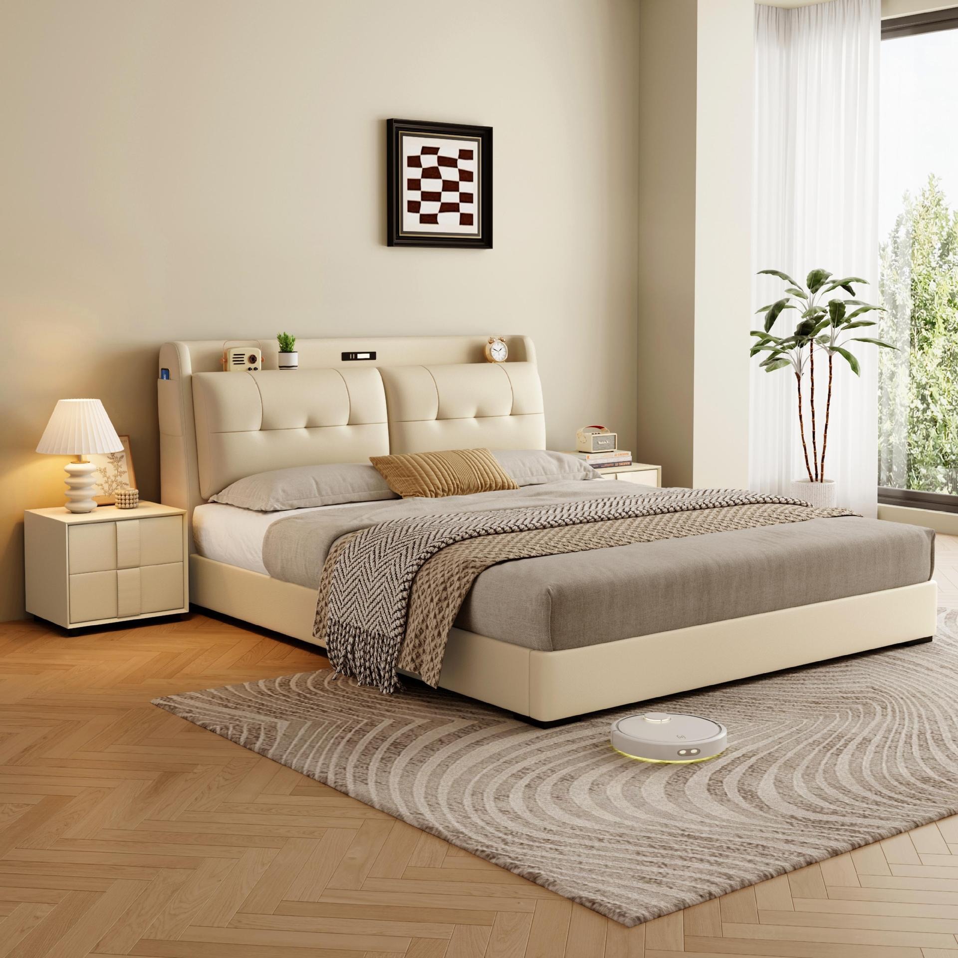 Modern Simple Leather Bed 1.8m Double Master Bedroom Bed 1.5m Single Bedroom Bed Storage High Box Bed Leather Art Bed