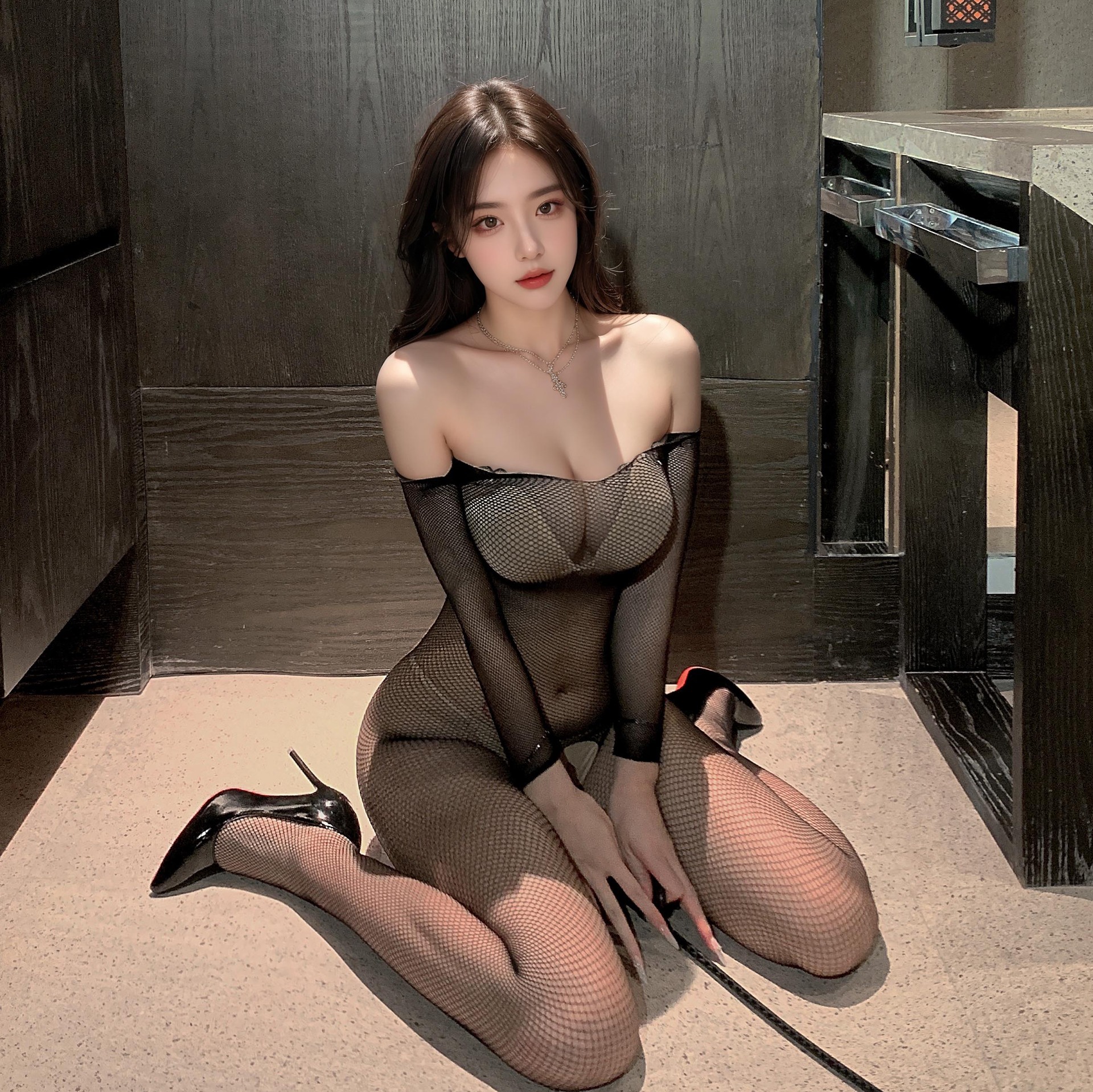 Sexy Lingerie Women's Sleepwear Crotchless No-Take-Off One-Piece Fishnet Bodysuit Tight-Fitting Pure Desire Uniform Flirting Black Stockings Temptation