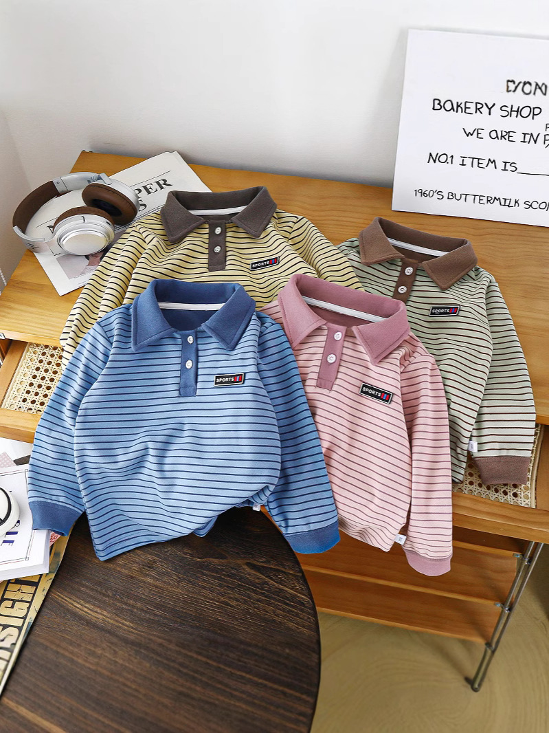 2025 Spring and Autumn Children's Base Shirt Boy's Velvet Polo Shirt New Striped Top Loose All-match Turtleneck Shirt