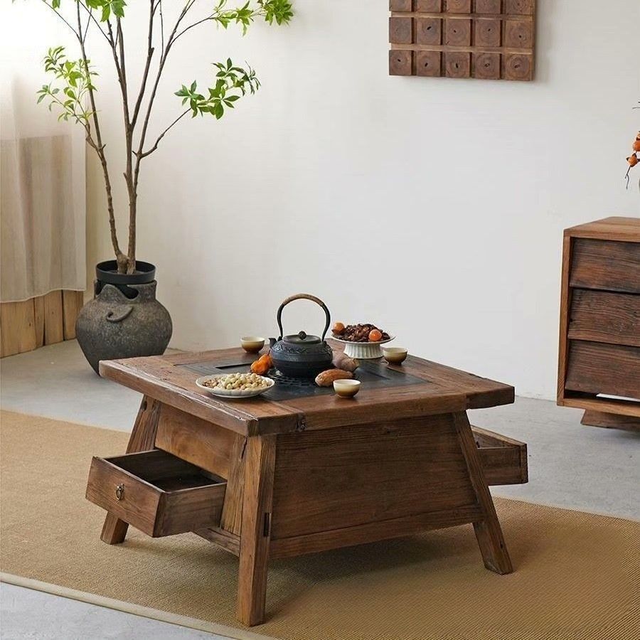 Wabi-Sabi Style Tea Brewing Table with Stove for Outdoor Courtyard, Solid Wood Charcoal Stove for Homestay, Barbecue Grill, Hot Pot Table, Old Tree Stump Square Table