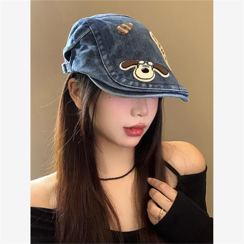 Puppy Button Denim Forward Hat for Women, Spring/Summer Washed Vintage Beret, Large Head Circumference, Face-Slimming Small Hat Trend