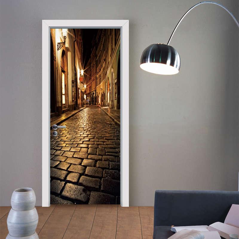 Door stickers wardrobe stickers street small alley decorative painting Night View 3D three-dimensional adhesive sticker convenient mural TB74