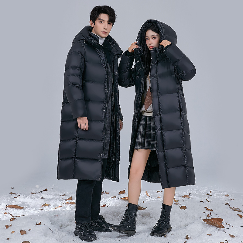 Пуховик для пар, унисекс, новый стиль, длинный тёплый пальто до колен, зима 2025, черно-золотой, 500 г гусиного пуха