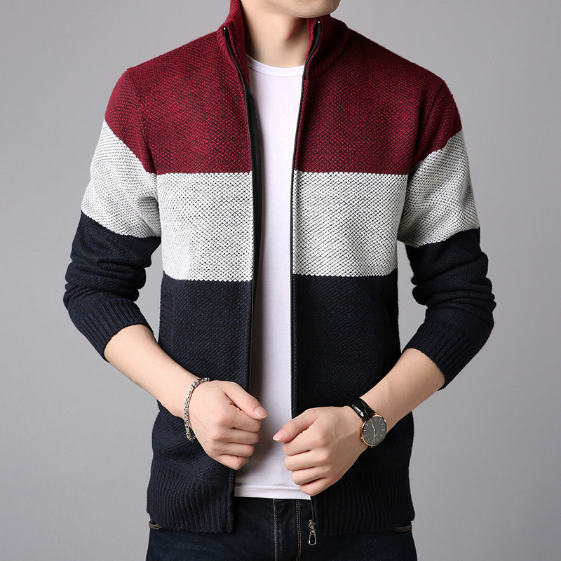 Fleece-Lined Thickened Men's Cardigan Jacket, Loose Oversized Knit Sweater, Color-Blocking Autumn and Winter Trendy Warm Outerwear Men's Clothing