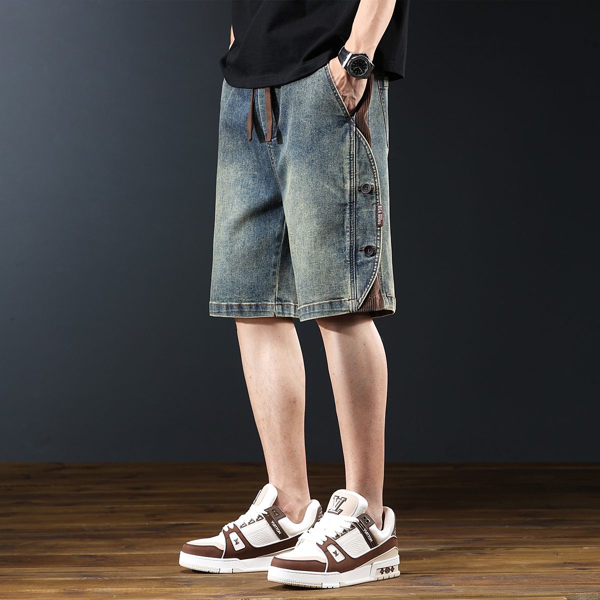 American Retro Workwear Denim Shorts Men's Summer New Loose Wide-Leg Heavy Casual Splicing Five-Point Pants
