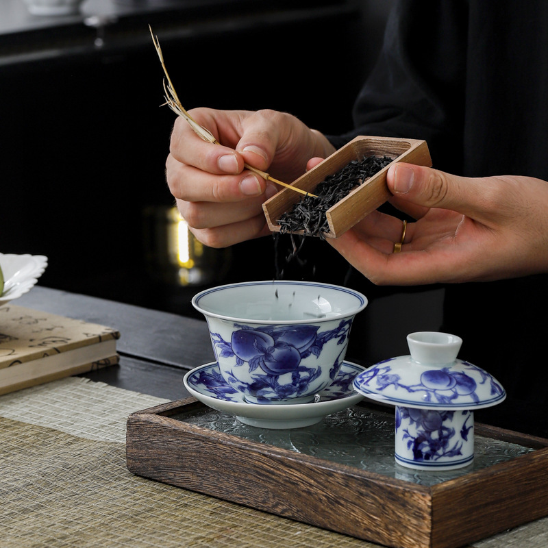 Yuerui Vintage Blue and White Tea Cover Set Purple Clay Pot Ceramic Pot Cover Lid Holder Tea Set Accessories Cover Bowl Tea Play Ornaments