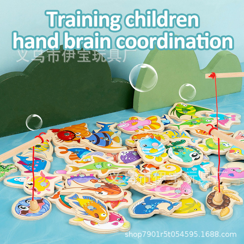 Factory wholesale wooden magnetic fish baby baby hands-on parent-child game kindergarten materials fishing toys 1