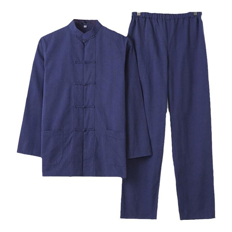 Traditional Chinese Men's Long-Sleeve Suit, Pure Cotton Coarse Cloth Tai Chi Uniform, Hanfu with Large Buttons, Dad's Outfit, Layperson's Clothing, Chinese Style