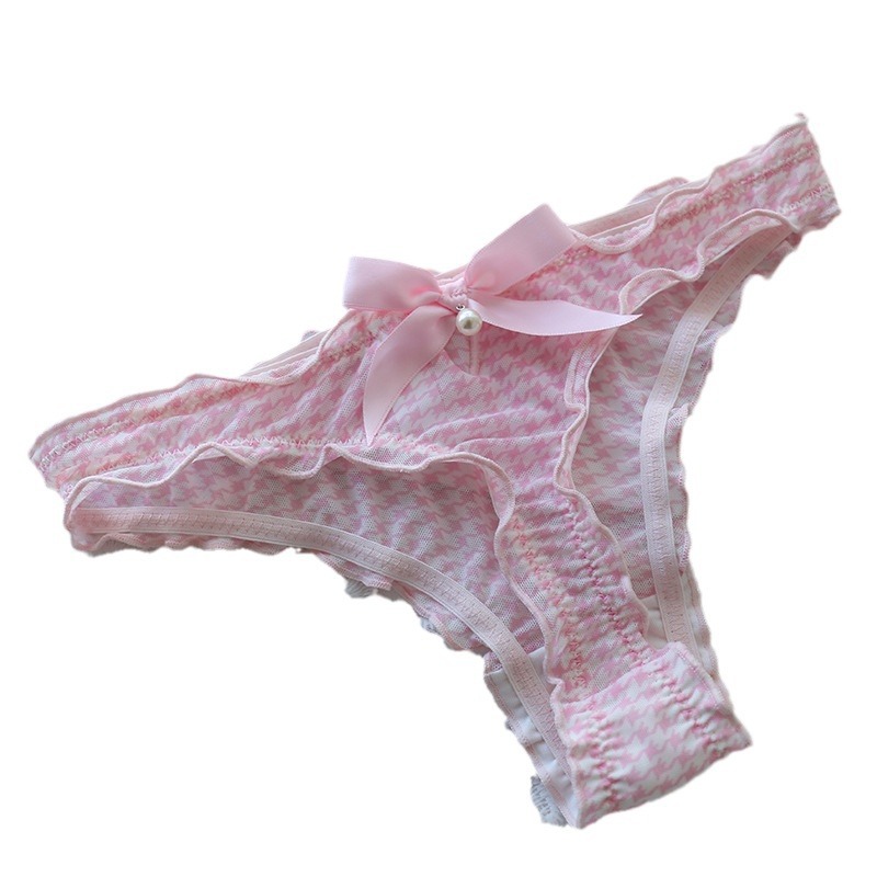 A431 mesh pearl thong girl cute hollow bow low waist panties sexy sweet leopard print