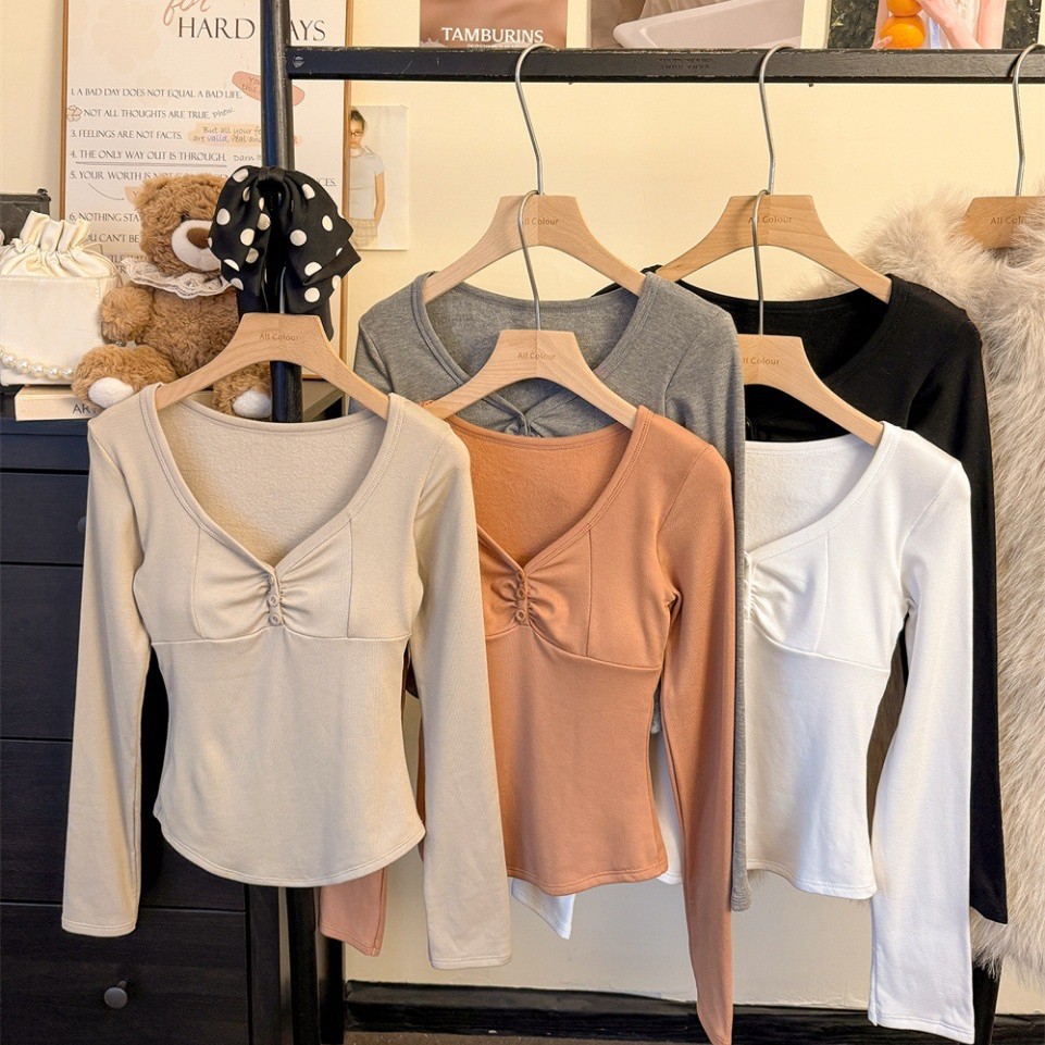 5197 # Trendy Slim Fit V-Neck Design Niche Long Sleeve T-Shirt for Women, Solid Color Base Layer with Chest Pad