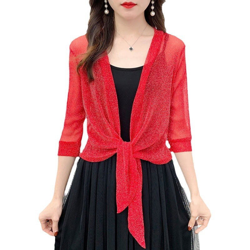 2023 Summer small shawl coat women's cardigan mesh short fashion outer wear lace waistcoat Western style sun protection clothing women