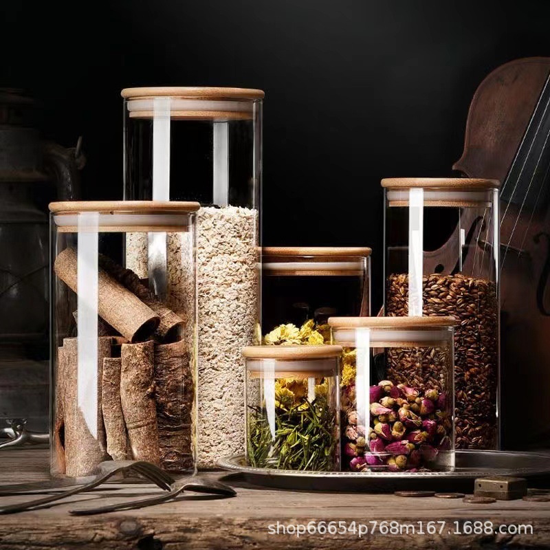 Glass sealed jar bamboo moisture-proof milk powder snack coffee tea storage large small size transparent kitchen storage jar