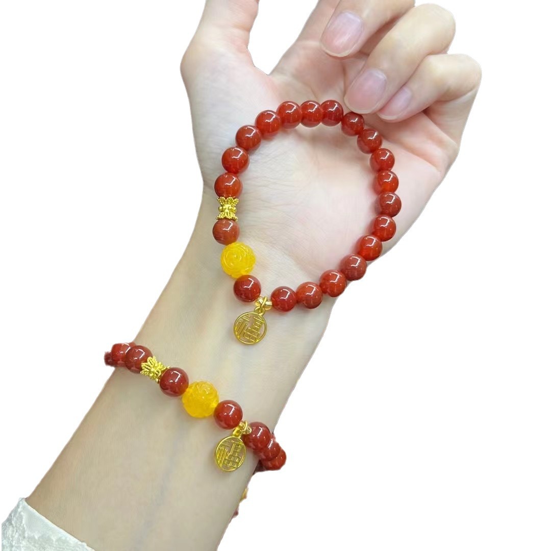 Natural Red Agate Bracelet South Red Bracelet with Beeswax Fortune Pendant Temple Live Welfare Wholesale