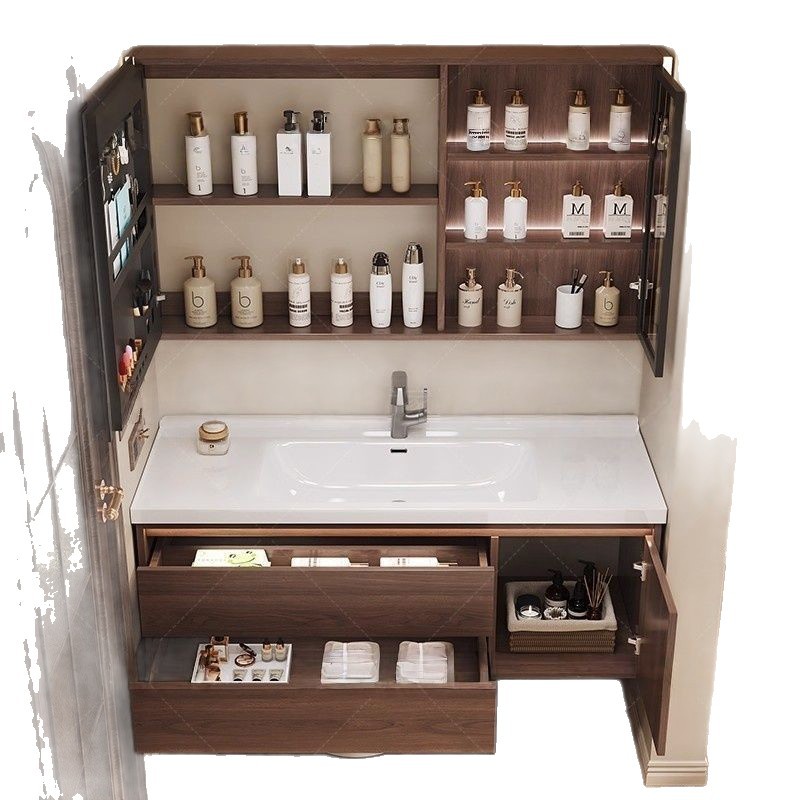 Chinese-Style Bathroom Cabinet with Walnut Integrated Ceramic Washbasin and Rock Slab Washbasin Set