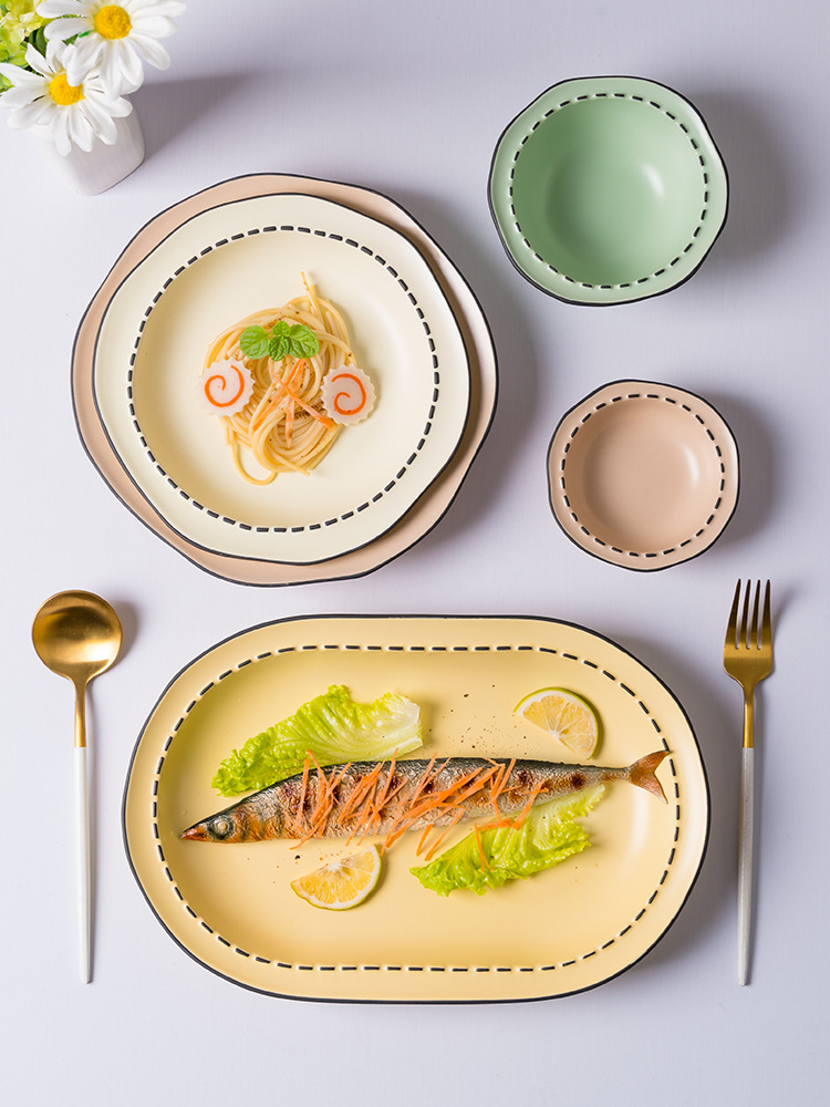 Japanese Style Household Ceramic Tableware Underglaze Color Bowl and Dish Rice Bowl Mulan Creek High Color Value Bowl and Dish Internet Celebrity Bowl and Dish Set