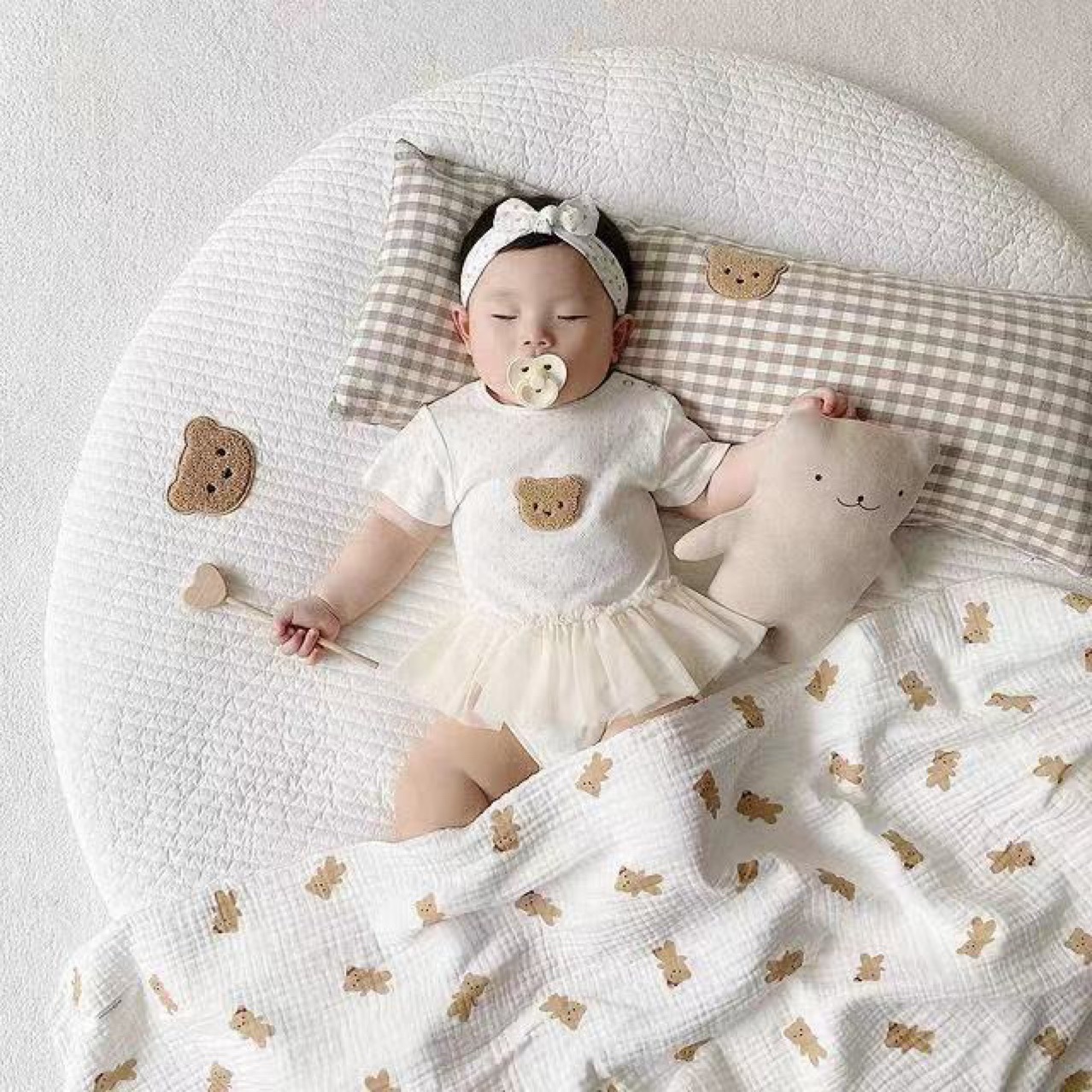 Ins Rectangular Plaid Bear Cotton Comfort Anti-collision Pillow Baby Bed Cushion for Newborns