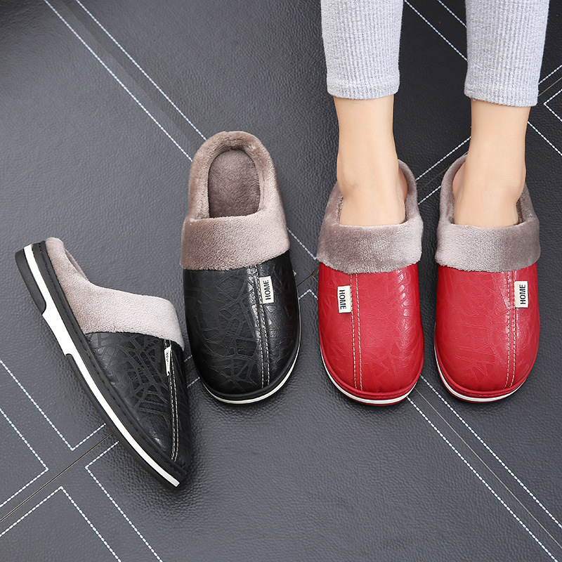 PU leather cotton slippers men's home waterproof thick bottom warm indoor couple winter home woolen slippers women's autumn and winter