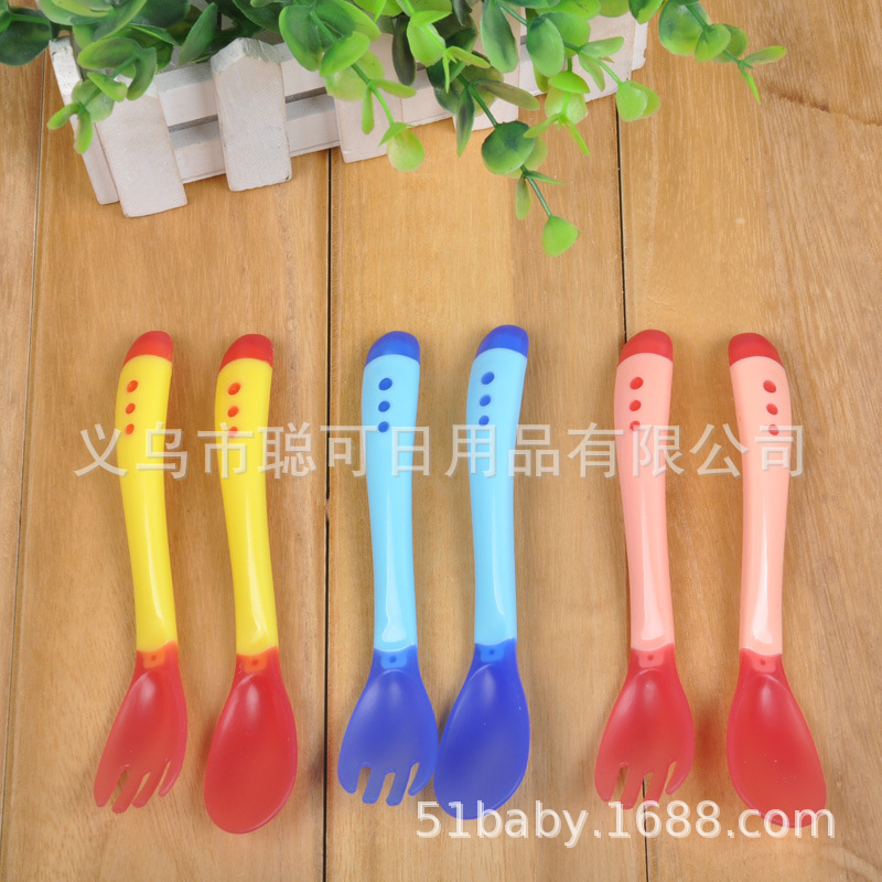 Factory Direct Sales Baby Temperature Sensing Spoon Kidsren's Soft Head Color Changing Spoon Fork Baby Eating Small Spoon Tableware Bulk Single