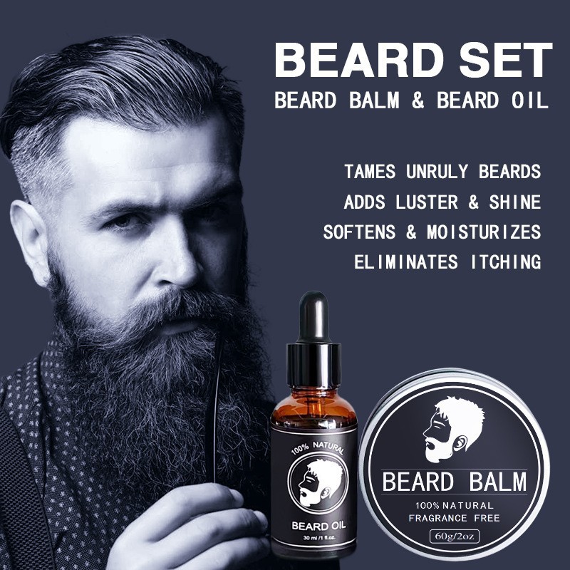 Cross-Border Men's Beard Care Set Beard Oil Foreign Trade Beard Cream Wax Beard Growth Oil English Packaging Ready Stock