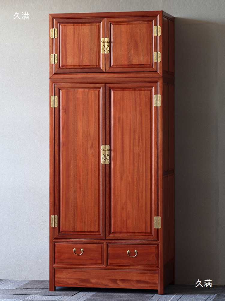 New Chinese Style Solid Wood Large Wardrobe with Four Doors, Carved Coat and Hat Storage Cabinet, Golden Rosewood Two-Door, Three-Door, Four-Door Top Box Cabinet