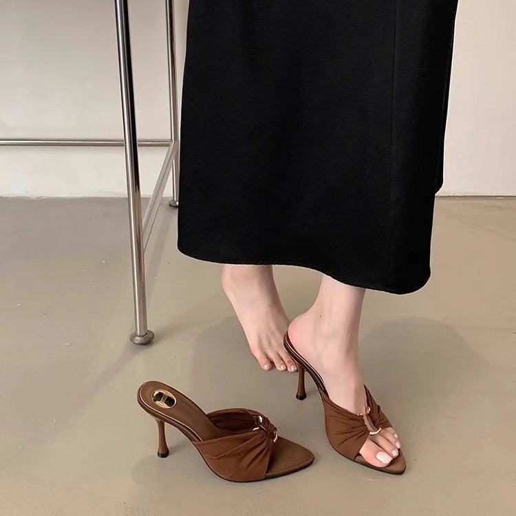High Heels for Women 2025 Summer New Style Pleated Metal Buckle Elegant Pointed Toe Open Toe Sandals Sexy Stiletto Slippers
