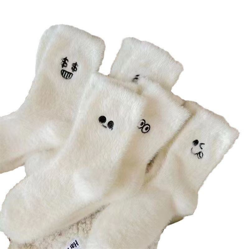 Socks Women Autumn and Winter Velvet Autumn and Winter fleece-lined Thickened Mid-barrel All-match White Furry Small Eyes Piled Socks Floor Socks