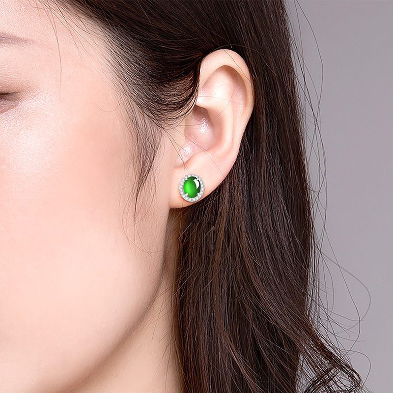 Natural A Jade Oval Egg Face Yang Green Earrings Ice Jade Fashion S925 Silver Inlay Women's Earrings
