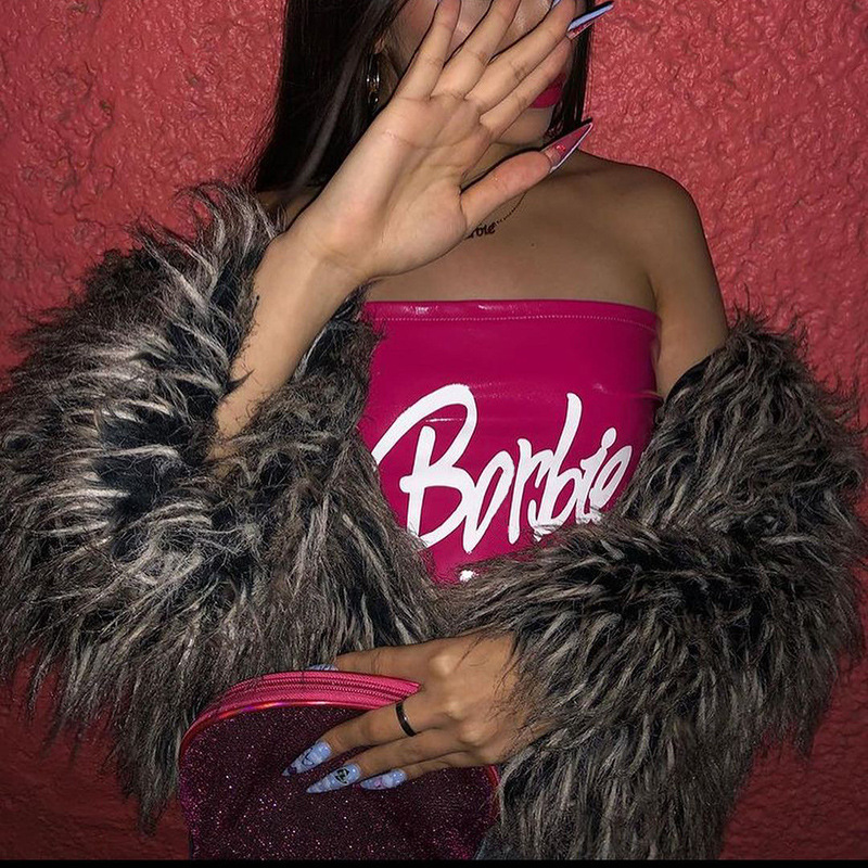 European and American Women's Clothing 2025 Spring and Summer New Women's Pu Leather Printed One-Line Collar Sexy Breast-Wrapped Vest Foreign Trade Wholesale