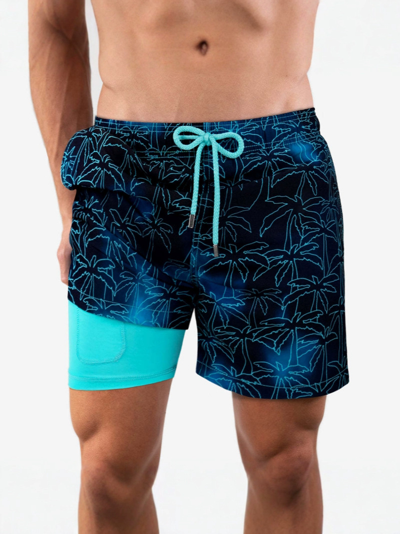 Cross-border Summer European and American Men's Beach Pants Sports Printing Double Shorts Product Upgrade Pocket Drainage