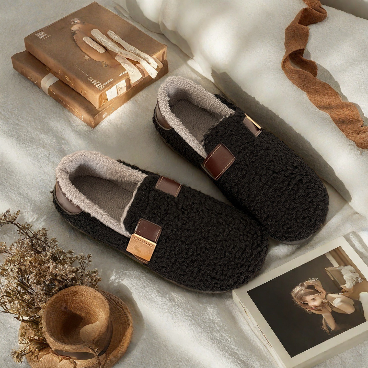 2025 Winter Korean Style Women's Shoes for Outer Wear, Velvet and Cotton Retro Flat-Soled Slip-On Cotton Shoes, One-Piece Drop Shipping