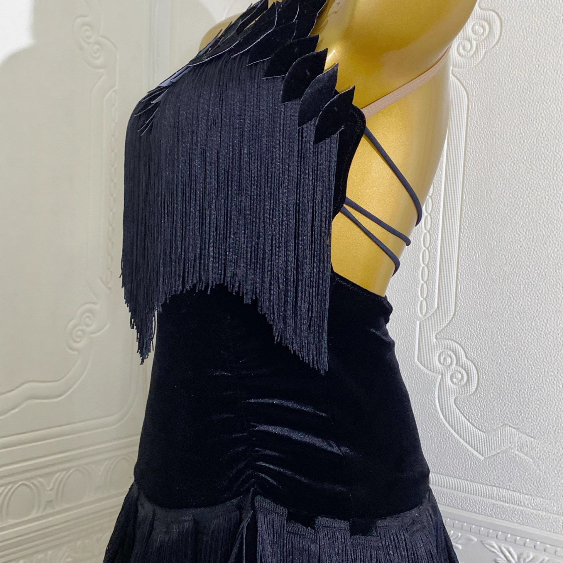 Cross-Border Amazon New European and American Sexy Tassel Splicing Backless Dance Skirt Deep V Neck Dress Latin Dance Clothing