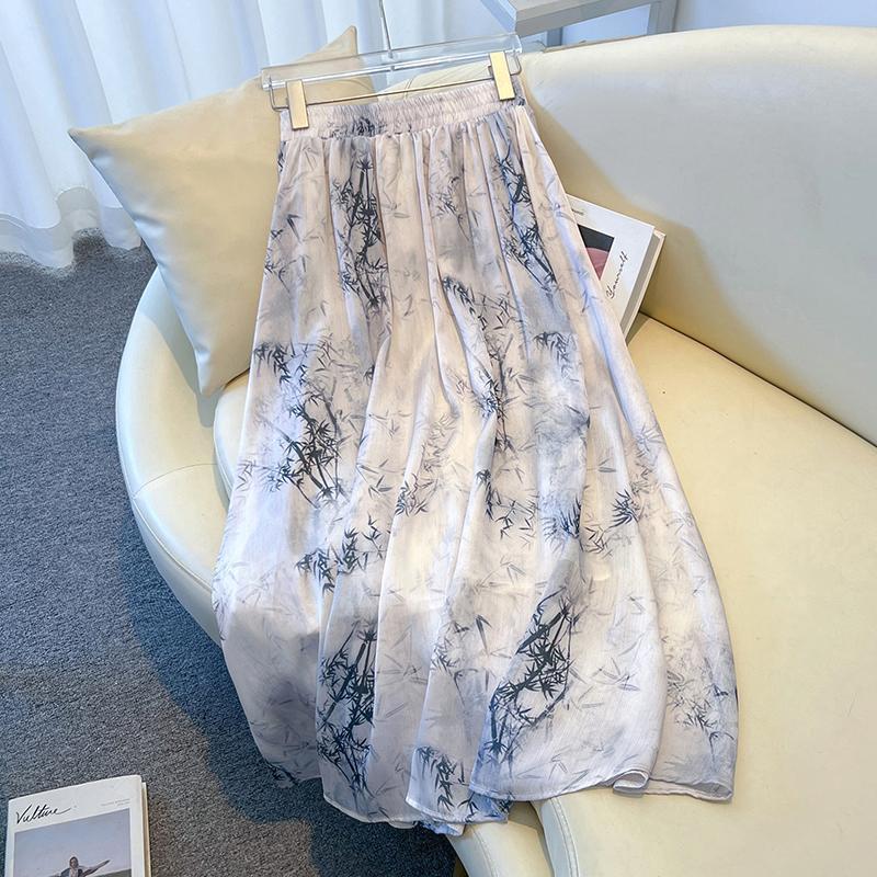 [1711 People Collected] Large Size New Chinoiserie Chinese Style Ink Painting Half-Length Skirt for Women Summer Fat mm High Waist Acetate