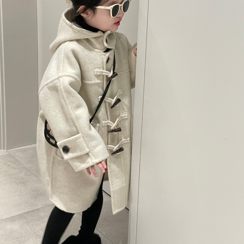 Boys and Girls coat autumn and winter New Korean style elegant horn buckle hooded woolen coat trendy children's one-piece delivery