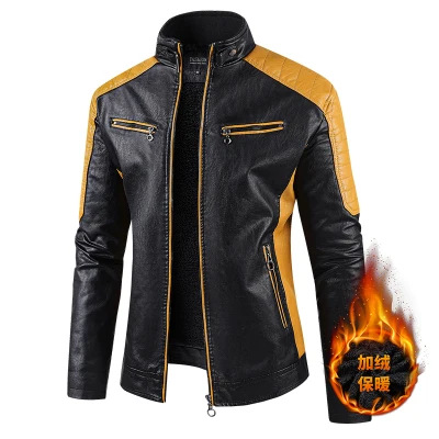 2025 cross-border foreign trade autumn and winter leisure motorcycle stitching leather jacket men's fashion stand collar retro warm leather jacket