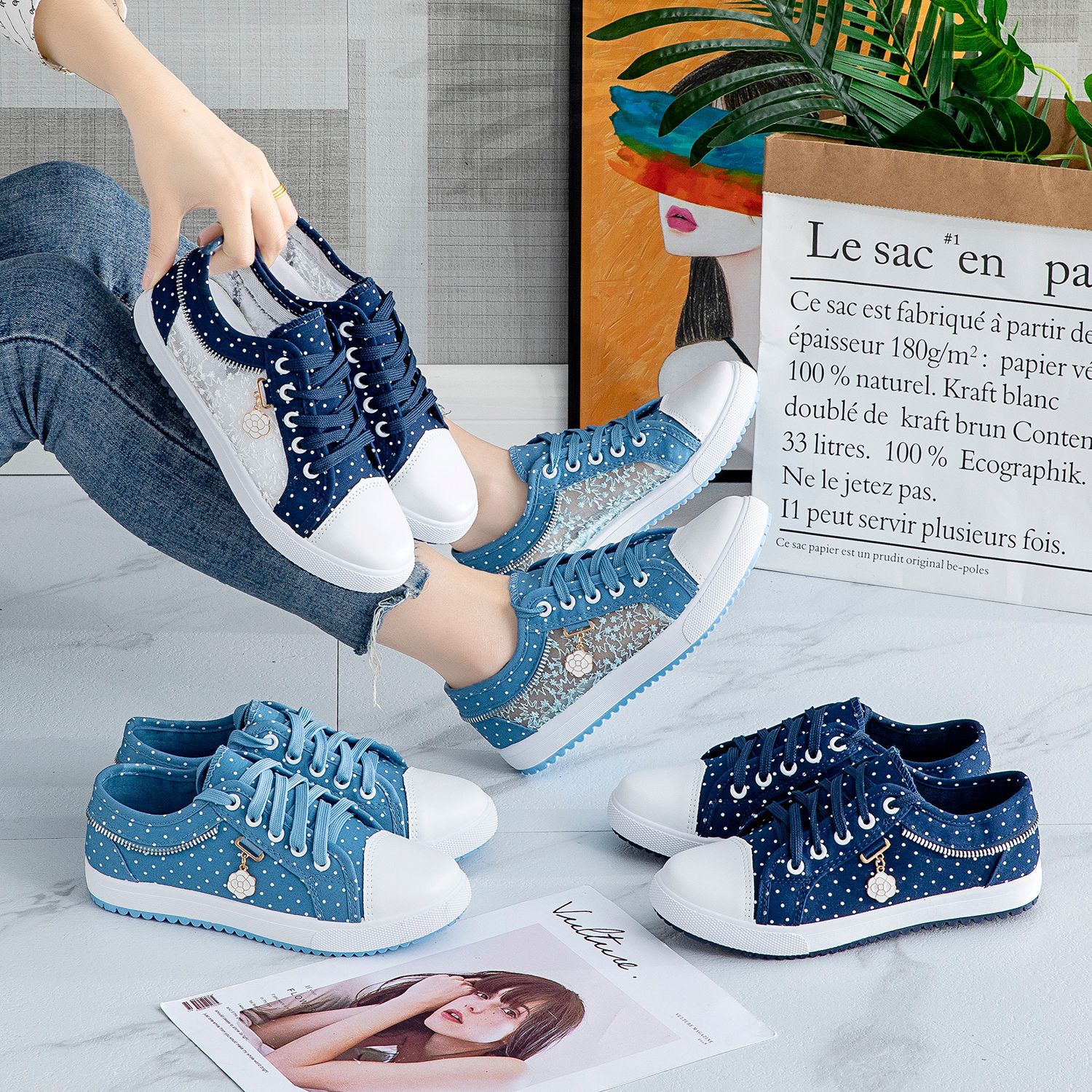 2018 Summer Korean Style New Women's Hollow Denim Mesh Shoes Flat Casual Shoes Breathable Cloth Shoes Student Mesh Shoes