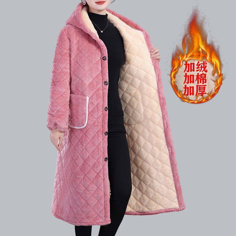 Winter Women's Workwear, Home Wear, Warm Cotton Clothing, Fleece-Lined and Thickeneded Cotton Clothing, Casual Outwears, Extended Knee-Length Smocks