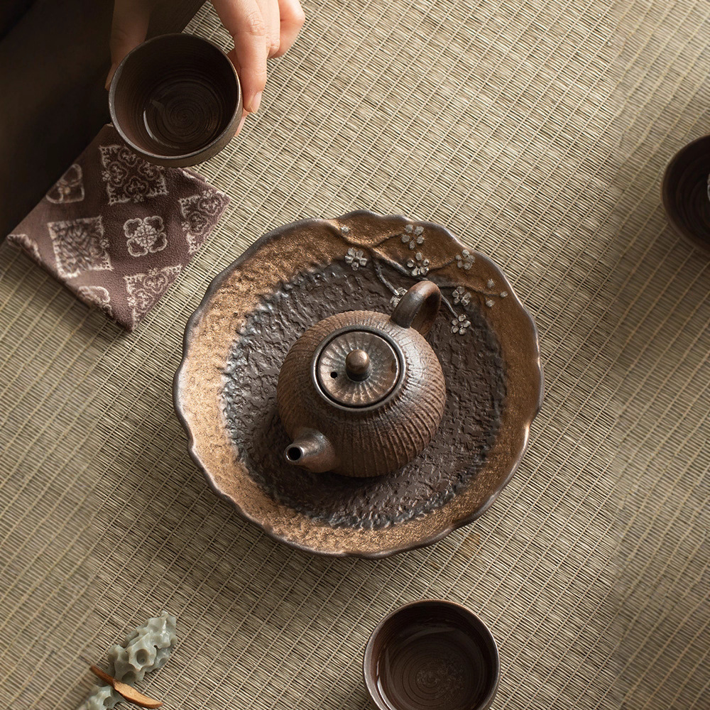 Rough Pottery Unglazed Dry Tea Tray Tea Table Water Storage Chinese Retro Household Base Pot Holder Tray Pot Holder Fruit Plate