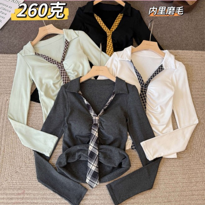 6170 # 260г вискоза, обрезная клетка, длинный рукав, блузка с лацканом и вставкой для груди, облегающая футболка для женщин