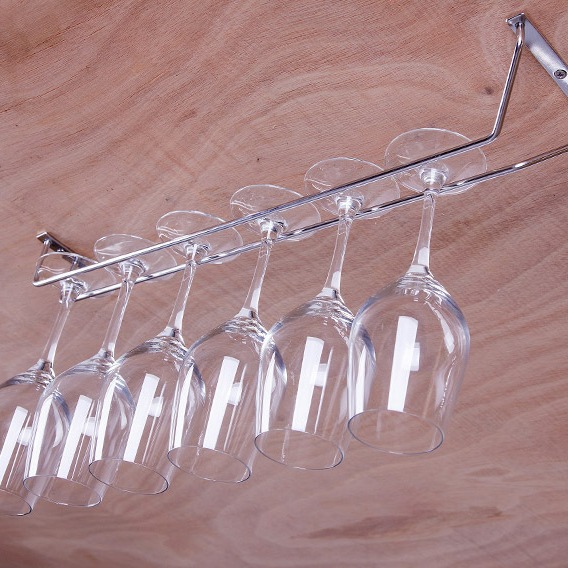 Cross-border Factory Stainless Steel Cup Holder Single Row Inverted Red Wine Cup Holder Hanging High Foot Cup Holder Household Restaurant Bar