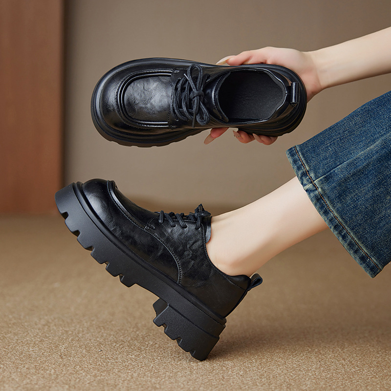 British Style Retro High-Heeled Leather Shoes for Women 2025 Autumn New Style Height-Increasing Lace-Up Thick-Soled Loafers for Petite Women