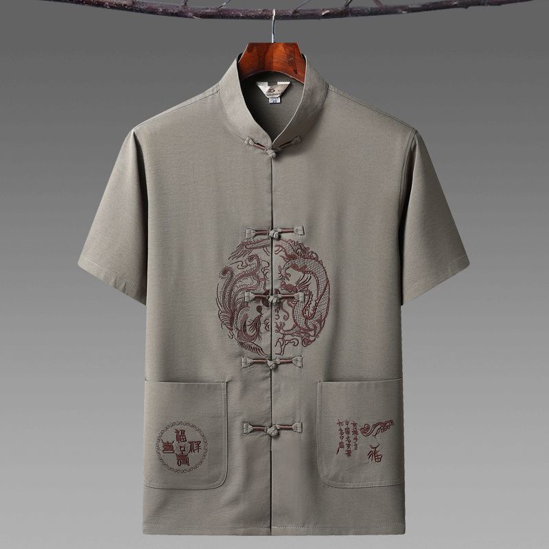 Tang Suit Men's Middle-aged and Elderly Dad Summer Clothes Ice Silk Short-sleeved Elderly Clothes Men's Chinese Style Retro Grandpa Thin Hanfu