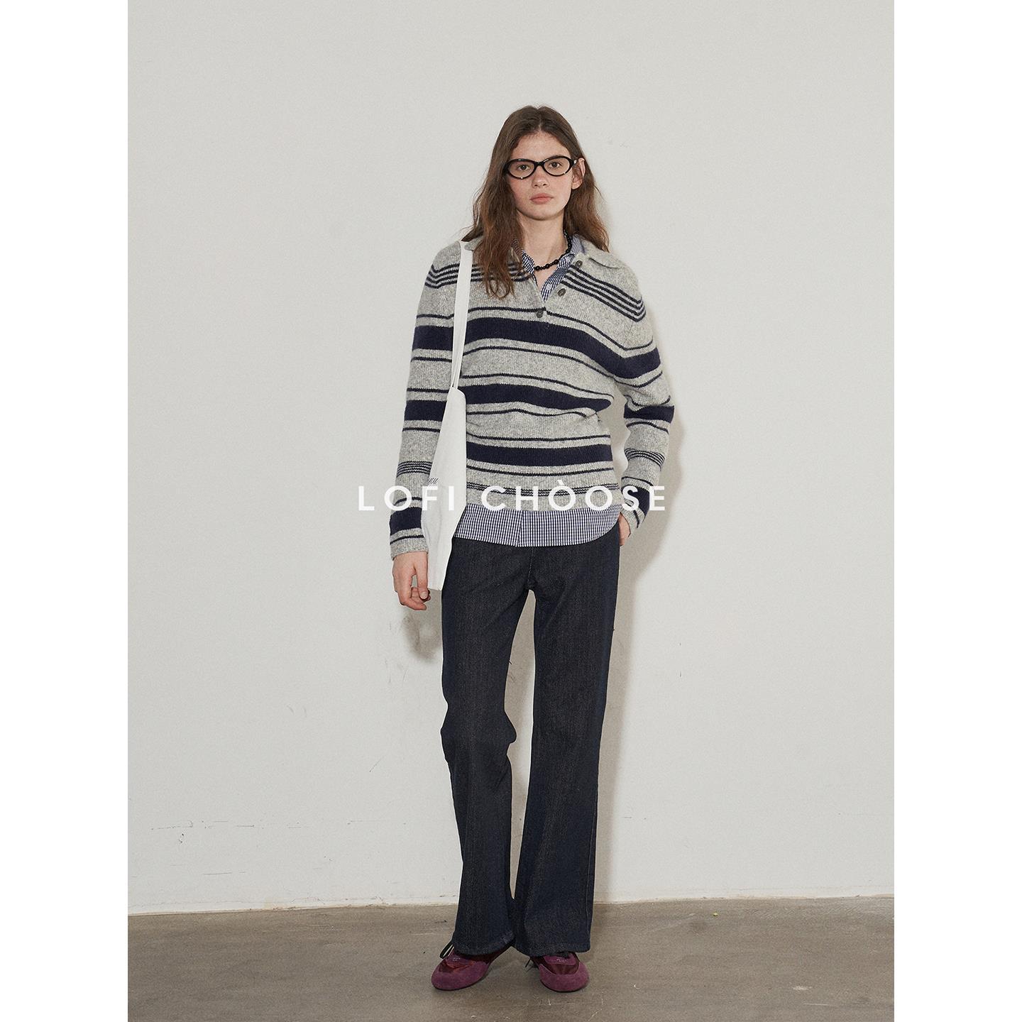 Lofi Choose Stripesd Polo Collar Knitted Sweater Women's Autum New Simple Loose Versatile Long-Sleeved Top