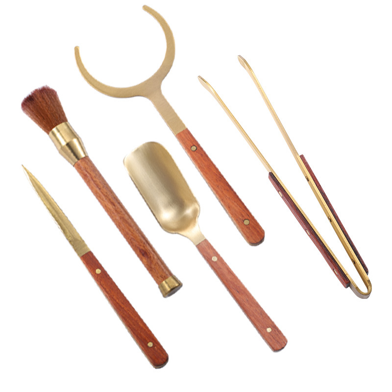 Pure brass tea ceremony six gentlemen suit brass solid wood combined tea clip teapot pen kung fu tea set accessories six gentlemen