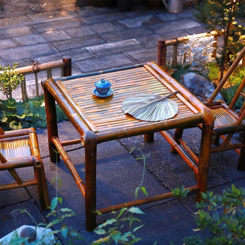 Old-Fashioned Bamboo Table and Chair Combination Outdoor Courtyard Coffee Table Handmade Bamboo Weaving Tea Table Home Retro Dining Table and Chairs