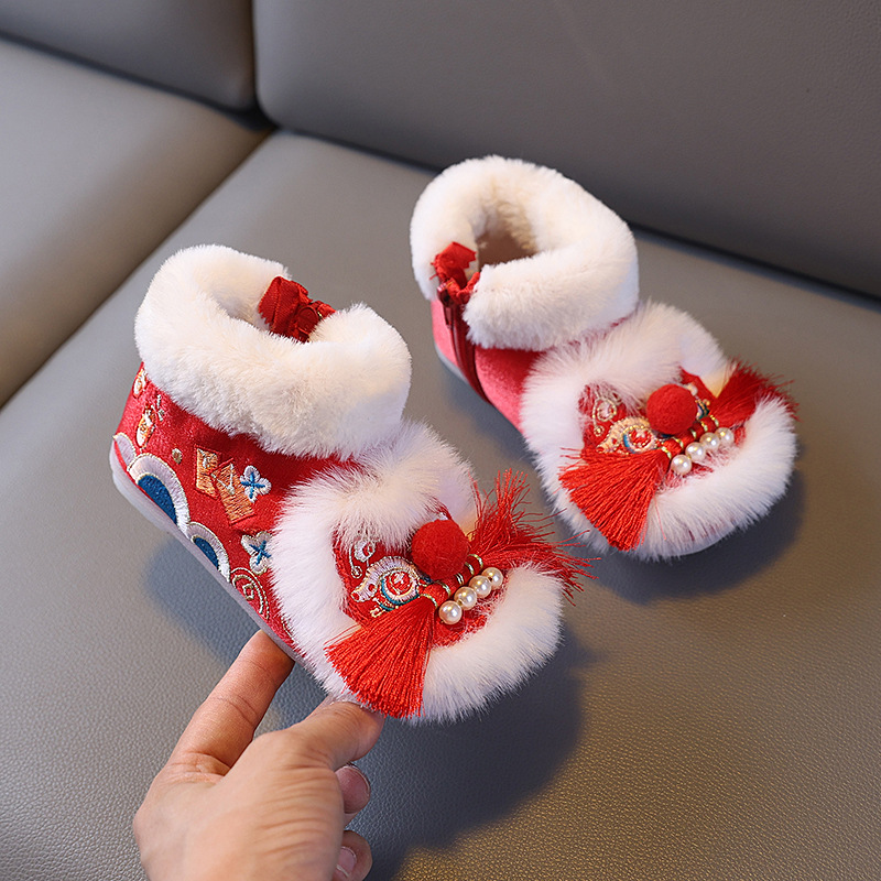 Girls' Old Beijing Cloth Shoes, Winter Costume, Chinese Style Fleece-Lined Tiger Head Boots, Kidsren's Embroidered Shoes, Han Dynasty Shoes, New Year's Shoes
