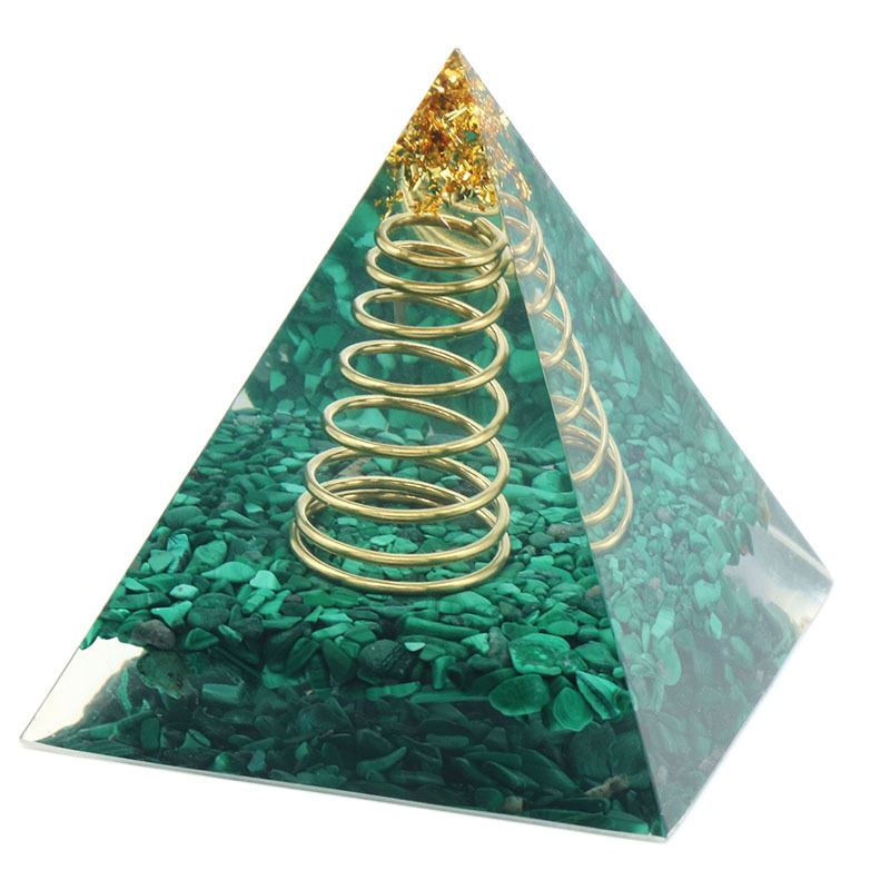 1143-6cm Malachite Pyramid Resin Wrapped Natural Malachite Gravel Wire Gold Foil Pyramid Ornament