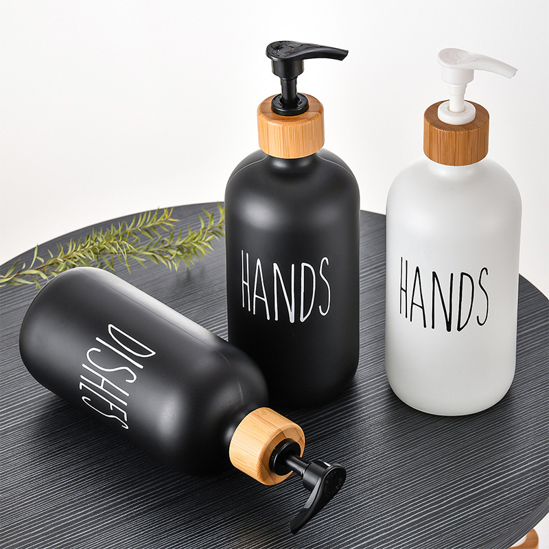 Amazon Glass 500ml Boston Hand Sanitizer Pump Black and White Bottles Wooden Cap Soap Dispenser Shampoo Bottle