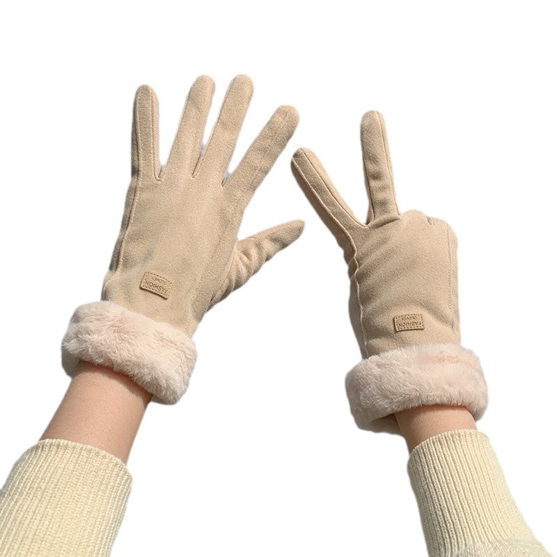 Gloves for Women in Autumn and Winter, Warm Double-Layer Velvet Thickeneded Cycling Gloves, Cute German Velvet Cold-Proof Cycling Windproof Touch Screen Gloves